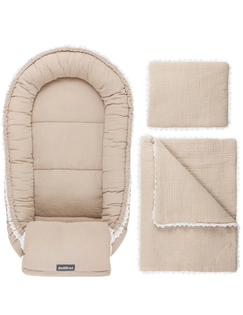 set de cuib pentru bebeluși Cuddly Muslin Beige set pentru baby shower cu înfășurătoare multifuncțională